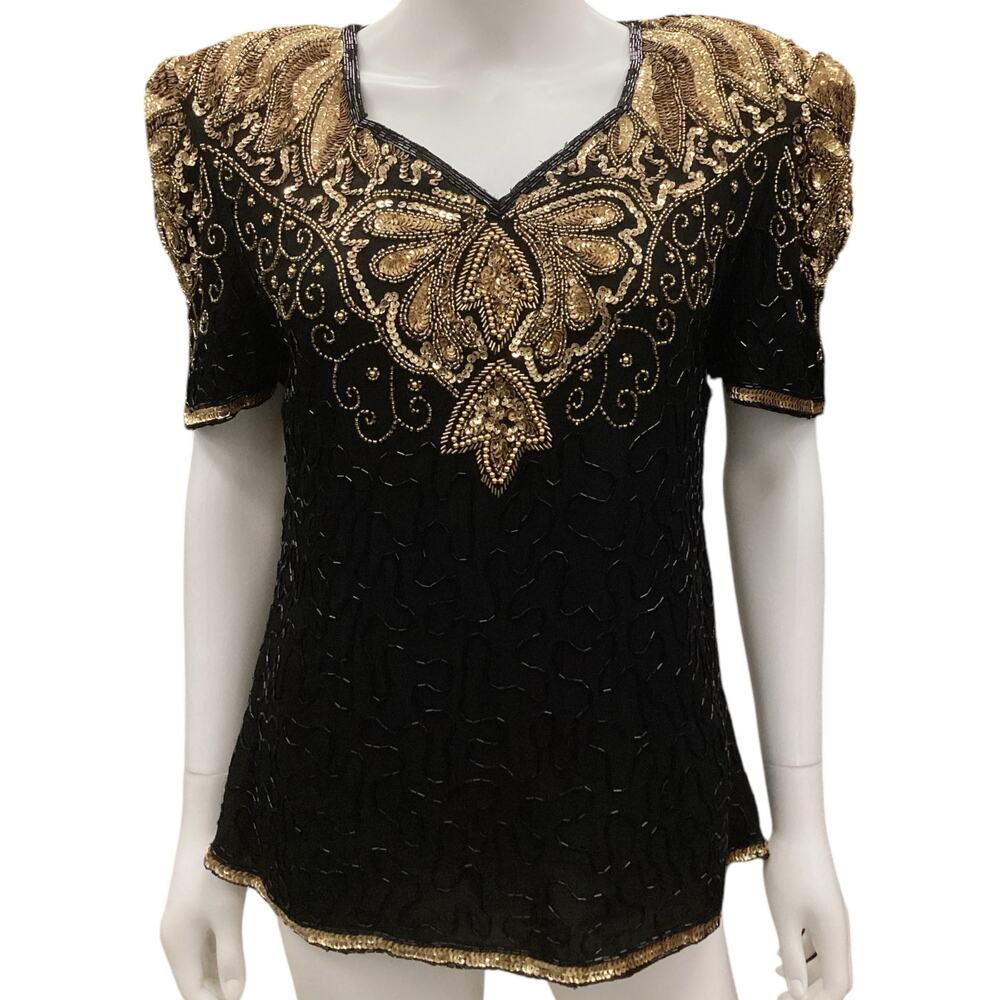 Mark & John VTG Top Women’s Size Medium Beaded Silk and Sequins in Black & Gold
